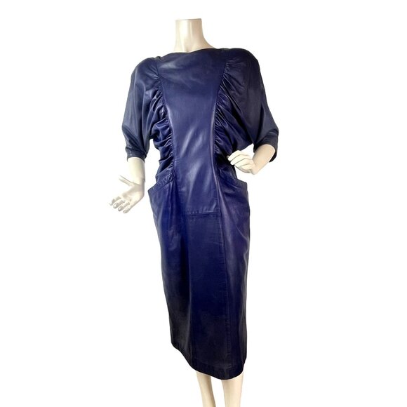 Unknown Dresses & Skirts - 80s Glam Womens Real Leather Dress Navy Blue Ruched Size 9 Glam Rock Dress